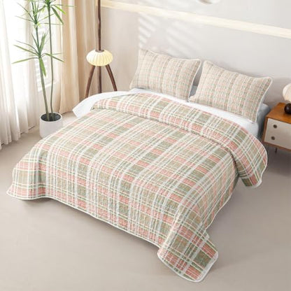 Grey Green Pink Plaid Quilt Set Full Bedding - Geometric Checkered Kids Bedspread