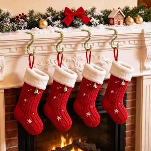 Set of 6 Rustic Jute Rope Christmas Stocking Holders - Flexible Mantle Hooks