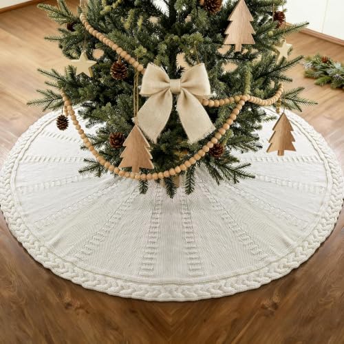 White 48 Inch Cream Knit Christmas Tree Skirt for 7-7.5 FT Trees, Boho Cable Knit Xmas Decor