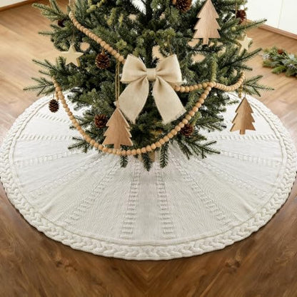 White 48 Inch Cream Knit Christmas Tree Skirt for 7-7.5 FT Trees, Boho Cable Knit Xmas Decor