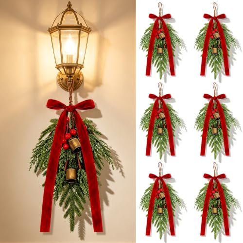 Christmas Teardrop Swag Set with Bows - 6 Mini Norfolk Pine & Cedar Decor with Bells - Red/6 Variation