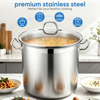 E-far 20 Quart Tri-Ply Stainless Steel Stock Pot with Lid - Induction Ready