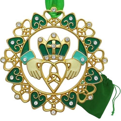 Irish Christmas Ornament - Gold Claddagh with Emerald Jewels & Enamel - Irish Heritage Gift - Variation 1