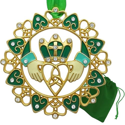 Irish Christmas Ornament - Gold Claddagh with Emerald Jewels & Enamel - Irish Heritage Gift - Variation 1