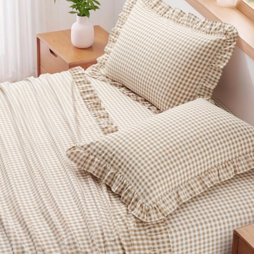 Taupe Gingham Ruffle Queen Bed Sheet Set - Microfiber Plaid Bedding