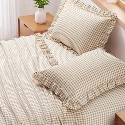 Taupe Gingham Ruffle Queen Bed Sheet Set - Microfiber Plaid Bedding