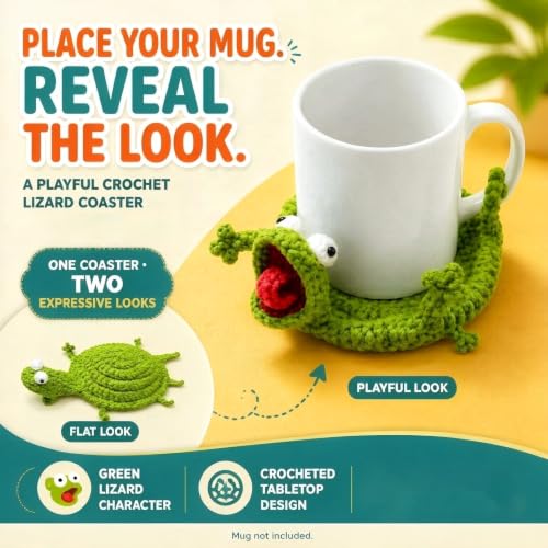 Green Crochet Lizard Coaster - Reptile Design for Drink Protection