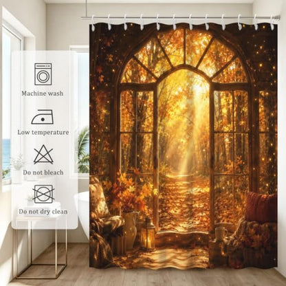 Fall Forest Arched Shower Curtain with Maple Leaf Design - Waterproof Bathroom Decor, 72x72 Inches