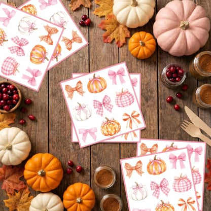 Fall Pumpkin Napkins Set - 50 Pink Watercolor Bows & Pumpkins