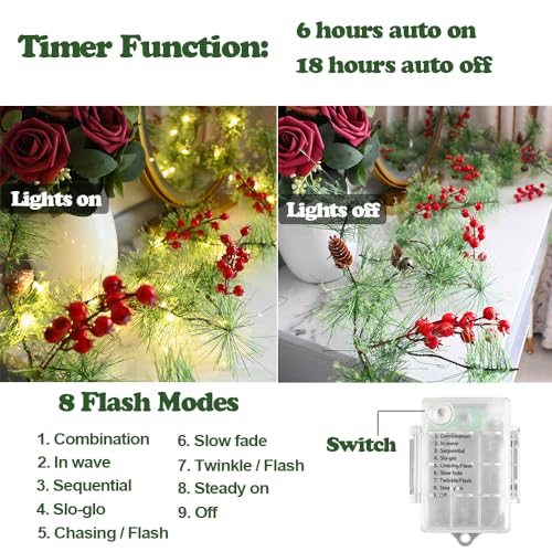 Christmas Garlands Lights 9.84FT Smokey Pine with Red Berries & Bells - Battery Operated