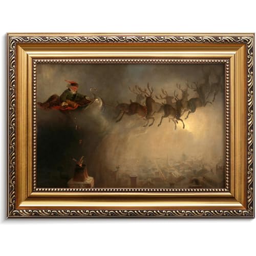 Vintage Christmas Santa Claus Wall Art with Gold Frame - Elk & Reindeer - 9x12 Inches