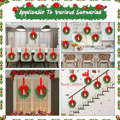 12 Pcs Mini Christmas Wreaths for Kitchen Cabinets with Red Velvet Bows - 12 Inch