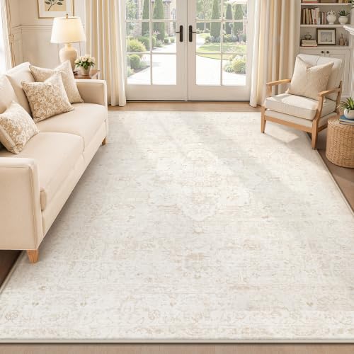 Beige 5' x 7' Washable Rug - Boho Vintage Non-Slip Indoor Carpet for Living Room