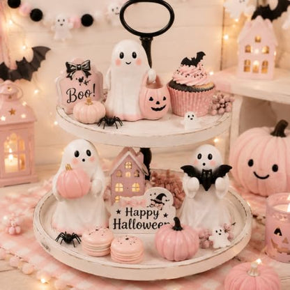 Pink Resin Ghost Figurines Set - Halloween Decorations for Home & Shelf