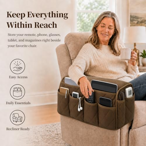 Brown Remote Control Holder for Armchair Caddy with 14 Pockets - Full Wrap Design