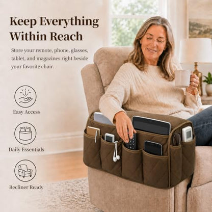 Brown Remote Control Holder for Armchair Caddy with 14 Pockets - Full Wrap Design