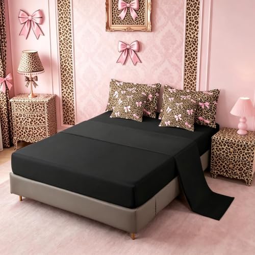 Leopard Print Bow 7-Piece Bedding Set Queen Pink Yellow Variation