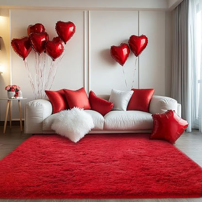 Red Fluffy Rug 4x6 ft Plush Non-Slip Bedroom Carpet - Cozy Shag Home Decor
