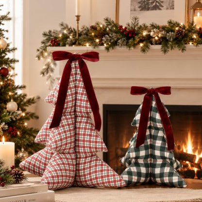 Pinkunn 2-Piece Christmas Tree Pillow Set with Velvet Bow - Red & Green Plaid