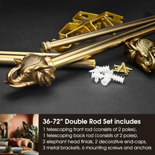 Warm Gold Double Curtain Rod - 36-72 Inch Adjustable Boho Finials