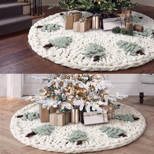48-Inch Chunky Knit Christmas Tree Skirt Beige with Tree Pattern - Holiday Decor