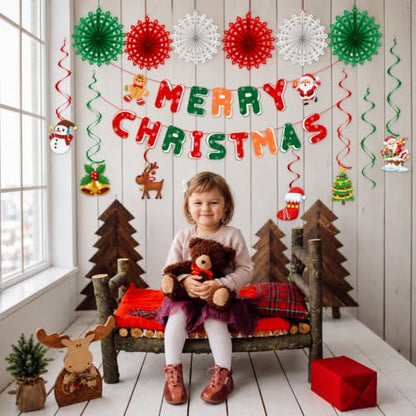 Christmas Party Decorations Set with Banner, Paper Fans & Swirls - Red Green Holiday Decor
