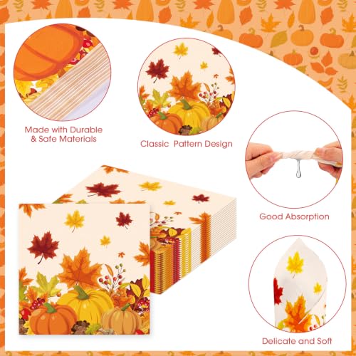 Fall Thanksgiving Napkins - Orange Maple Leaf Pumpkin Paper Cocktail Napkins Set of 40