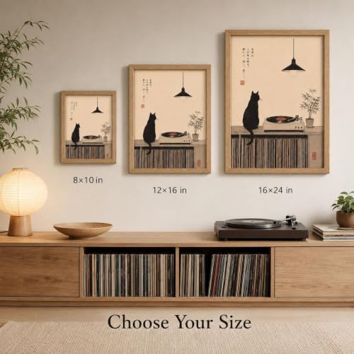 Japanese Cat Record Player Wall Art - Framed 10x8 Inches, Minimalist Music Decor