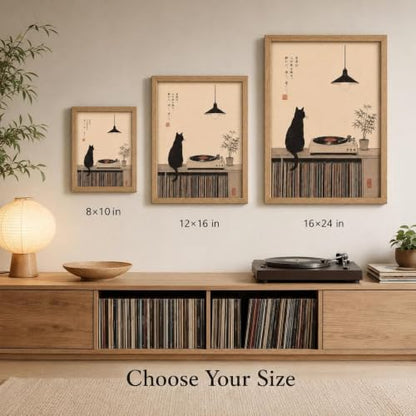 Japanese Cat Record Player Wall Art - Framed 10x8 Inches, Minimalist Music Decor