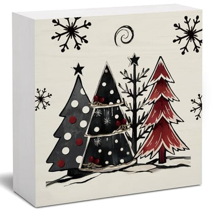 Rustic Christmas Trees Wooden Box Sign Decor - Holiday Indoor Christmas Decorations - 5x5 Inches - Festive Home Shelf Desk Accent - Variation of Rustic Christmas Trees