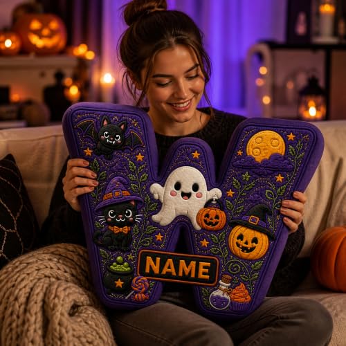 Personalized Halloween Letter Pillow with Custom Name & Initials - Soft Plush Decor