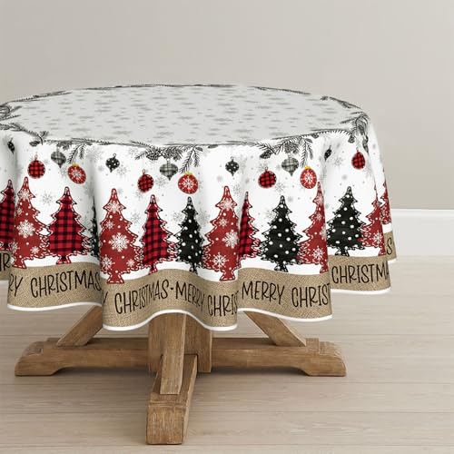 Christmas Tablecloth 70 x 70 Inch Round Pine & Ball Design - Red