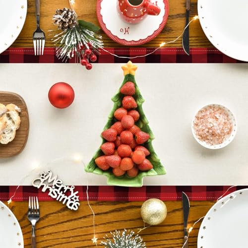 Christmas Table Runner 13 x 90 Inches with Red Christmas Tree Pattern - Burlap Linen Decor