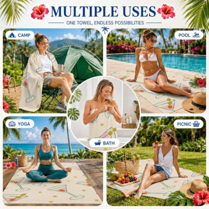 Martini Cocktail Chic Microfiber Beach Towel - Oversized 32x52in, Quick Dry Sand-Free Travel Towel