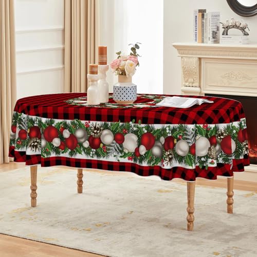 Christmas Tablecloth 60 x 84 Inch Oval with Holiday Ball Ornaments - Red