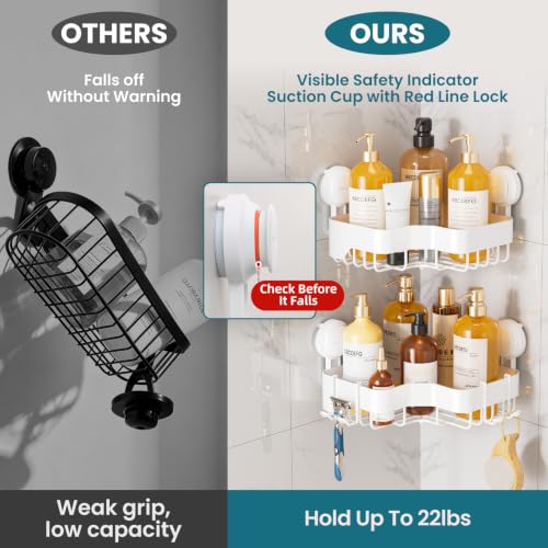 TAILI Corner Shower Caddy Suction Cup Set - White 2-Pack, Rust-Resistant Bathroom Organizer
