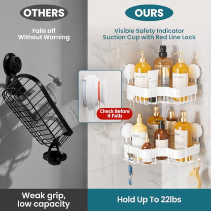 TAILI Corner Shower Caddy Suction Cup Set - White 2-Pack, Rust-Resistant Bathroom Organizer