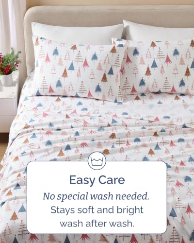 Christmas Flannel Bed Sheet Set - 100% Cotton, Split King, Trees Design