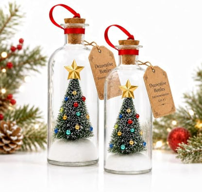 2 Pcs Recordable Christmas Tree in a Bottle Ornament with Snowy Mini Trees - Holiday Keepsake