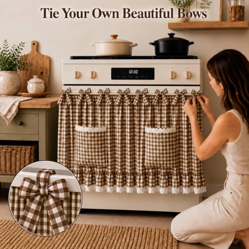 Farmhouse Tie Top Oven Skirt Curtain with Pockets - Brown