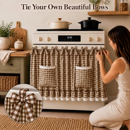 Farmhouse Tie Top Oven Skirt Curtain with Pockets - Brown