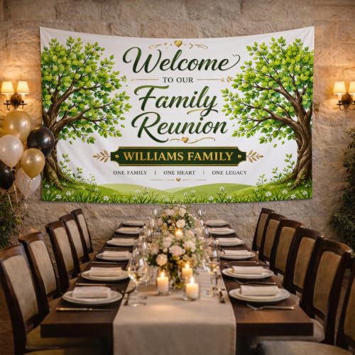 Personalized Family Reunion Banner Backdrop Style 12 Blue Watercolor Pine Forest Custom Name