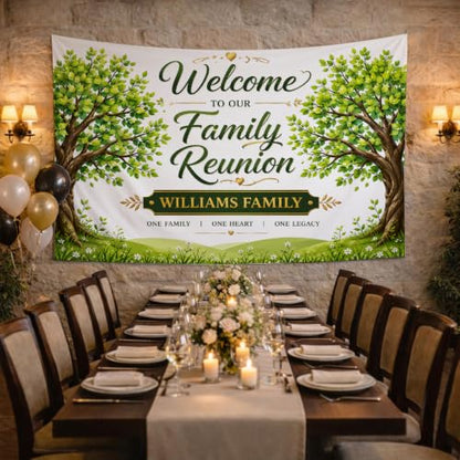 Personalized Family Reunion Banner Backdrop Style 12 Blue Watercolor Pine Forest Custom Name