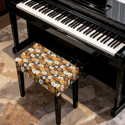 Jeiento Retro Orange Daisy Flower Piano Bench Cover Small - Non-Slip Elastic Seat Protector