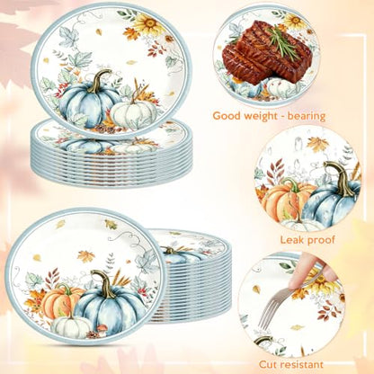 50Pcs Thanksgiving Oval Paper Plates 10x12 Inch Fall Watercolor Pumpkins