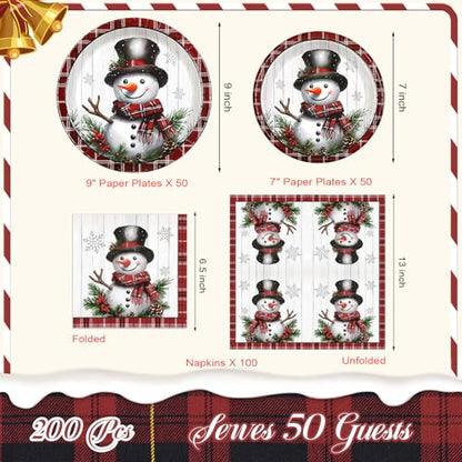Homlouue Snowman Christmas Paper Plate and Napkin Set - 50 9-Inch Heavy Duty Disposable Dinner Plates for Holiday Party - Variation of Snowman