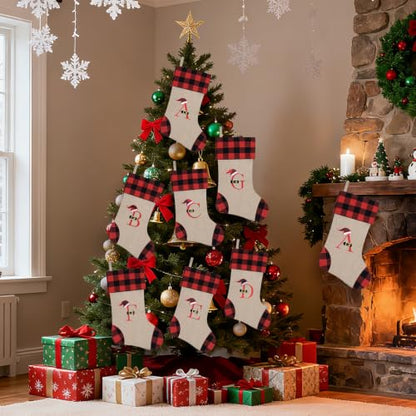 Personalized 20 Inch Monogram Burlap Christmas Stocking - Letter H, Red Black Buffalo Plaid