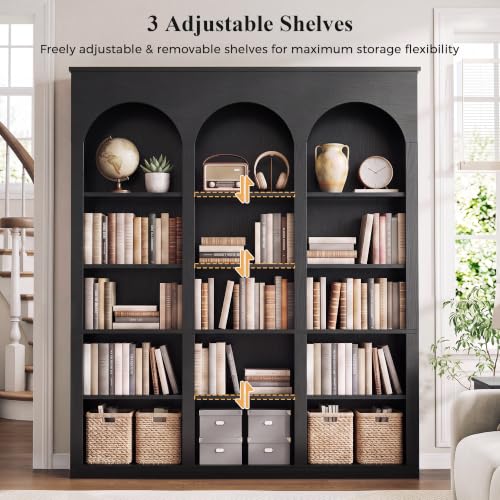 MapleGrace 71-Inch Triple Arched Tall Bookcase with Shelves - Black