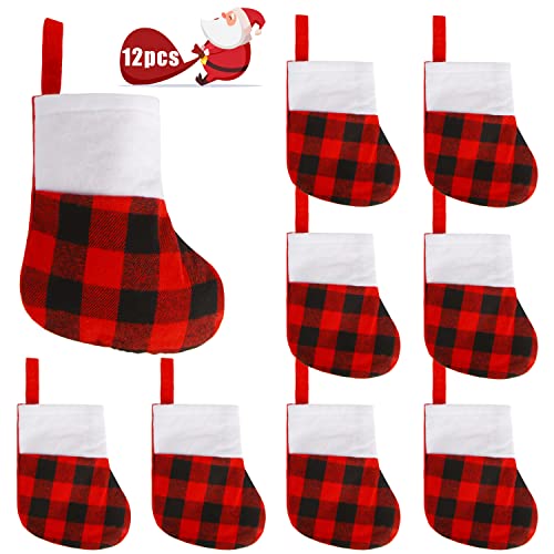 Mini Christmas Stockings Set of 12 - Red Buffalo Plaid Holiday Decor