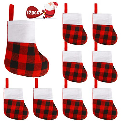 Mini Christmas Stockings Set of 12 - Red Buffalo Plaid Holiday Decor